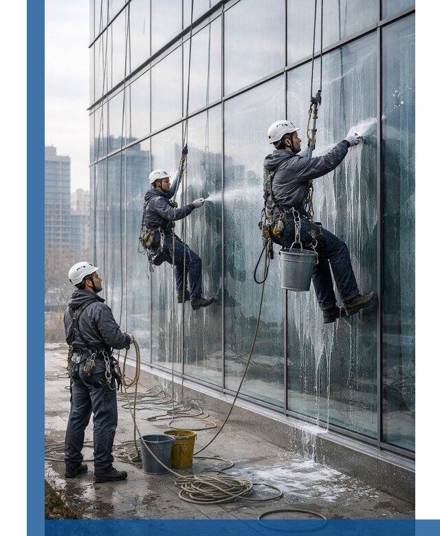 Промышленная мойка панорамных окон на высоте в Юбилейном