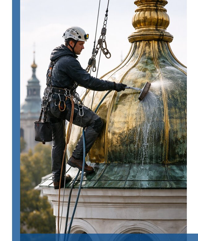 Профессиональная мойка куполов и шпилей высотными альпинистами в Юбилейном
