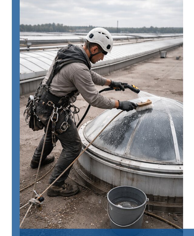 Мойка зенитных фонарей на кровле для промышленных объектов в Юбилейном