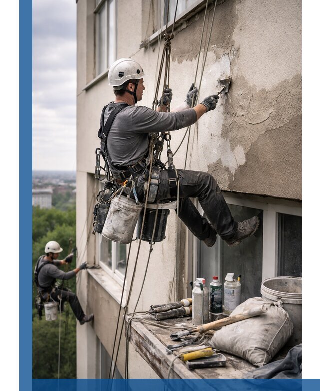 Косметический ремонт фасада зданий в Юбилейном промышленными альпинистами