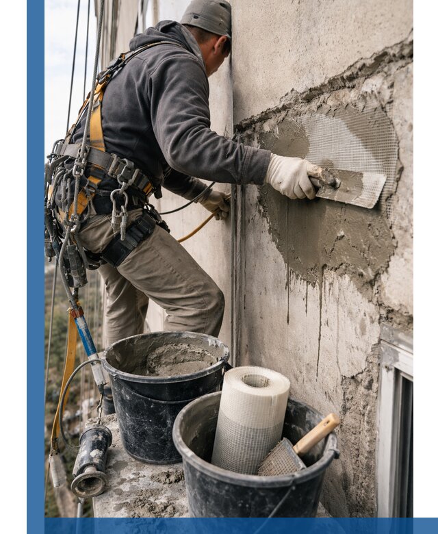 Ремонт бетонных элементов фасада промышленными альпинистами в Юбилейном