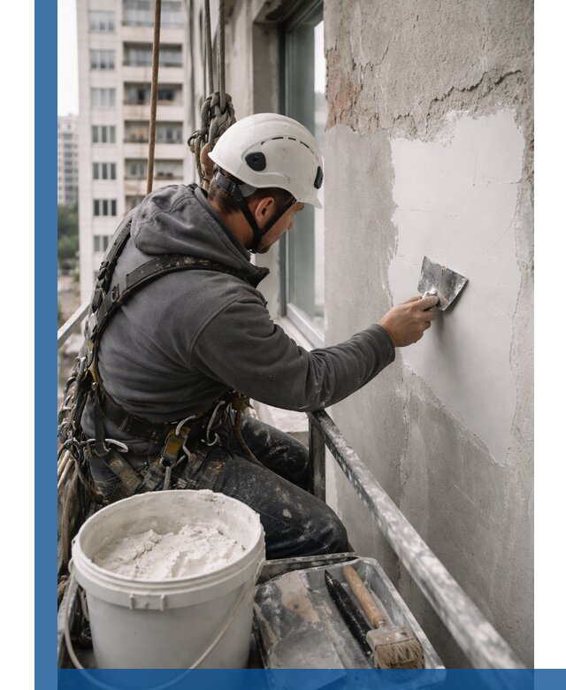 Шпаклевка фасадов на высоте с промальпинистами в Юбилейном