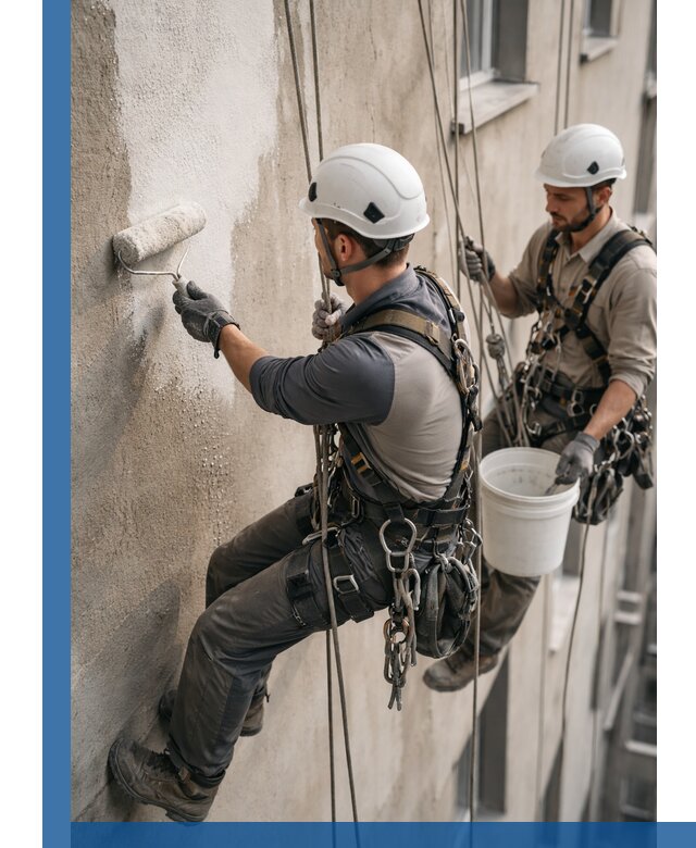 Грунтовка фасада на высоте в Юбилейном промышленными альпинистами