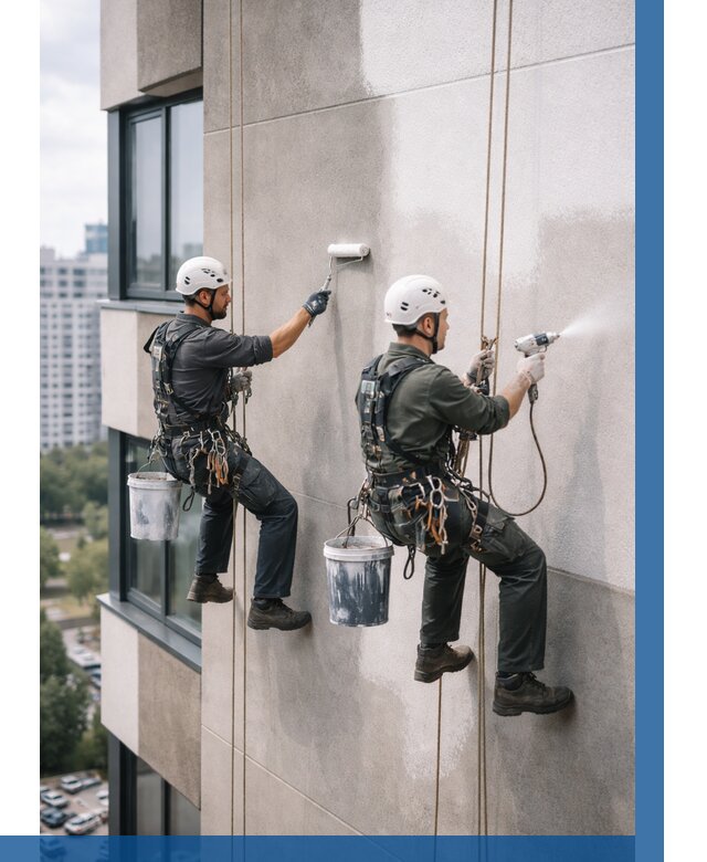 Покраска фасада альпинистами в Юбилейном от 309 р. | ВЫСОТНИК-Юбл