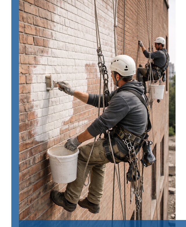 Покраска кирпичного фасада с доступным альпинистским сервисом в Юбилейном