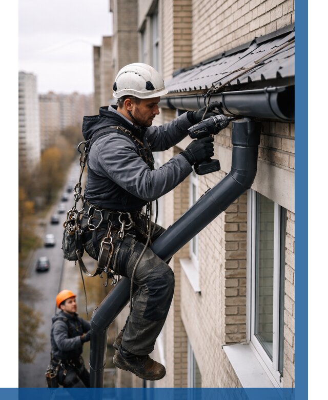 Монтаж водосточной системы на здании в Юбилейном от 5152 р. | ВЫСОТНИК-Юбл