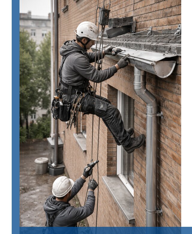 Монтаж водосточной системы на здании в Юбилейном под ключ