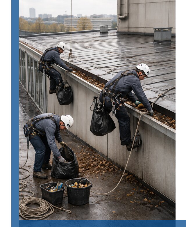 Очистка кровли по периметру в Юбилейном силами промышленных альпинистов