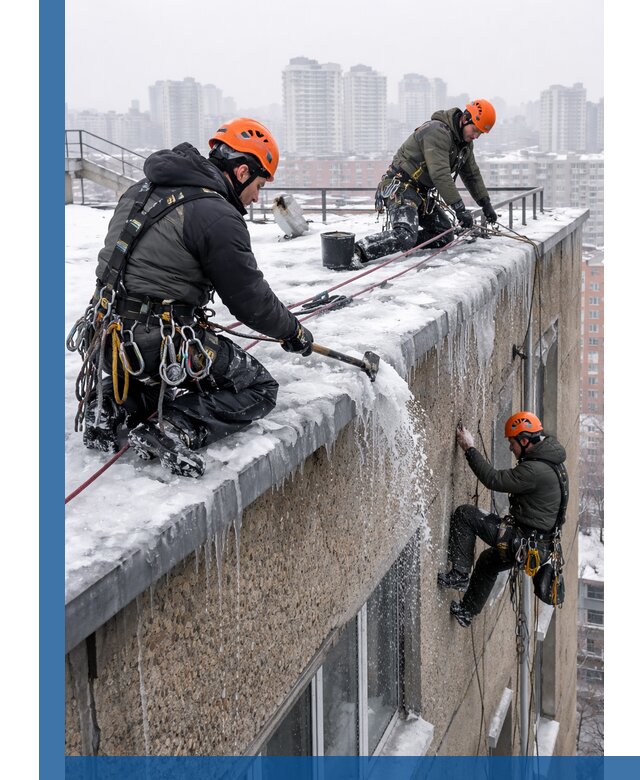Удаление наледи с кровли в Юбилейном промышленными альпинистами