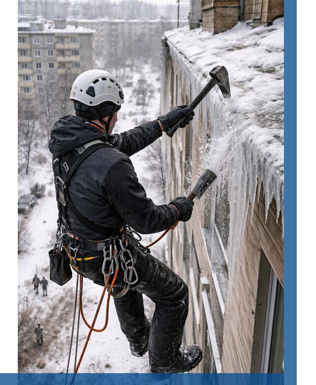 Сбивание сосулек с крыши в Юбилейном по цене от 4636 р. | ВЫСОТНИК-Юбл