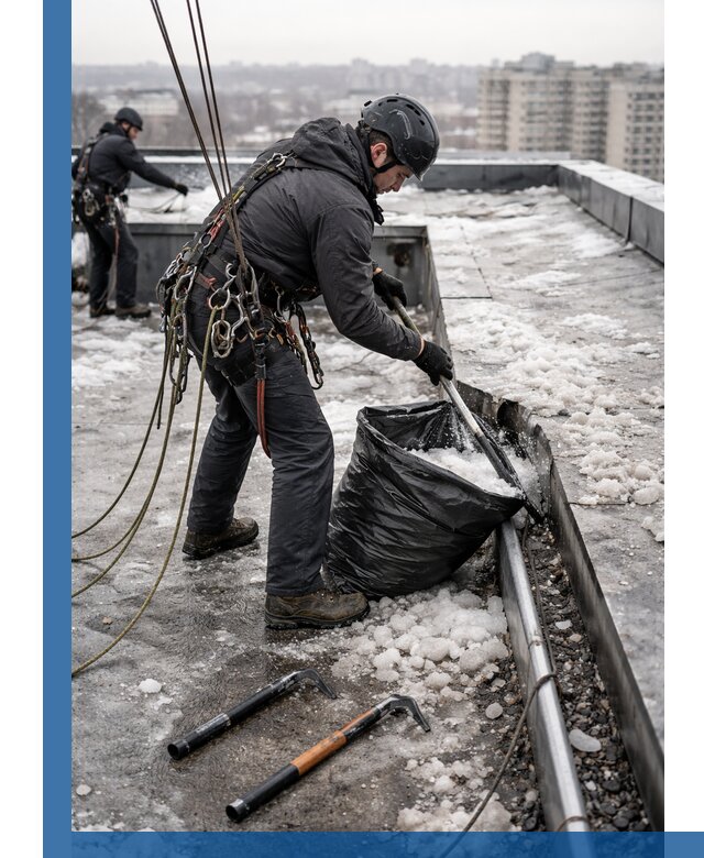 Аварийная очистка кровли в Юбилейном от промальпинистов