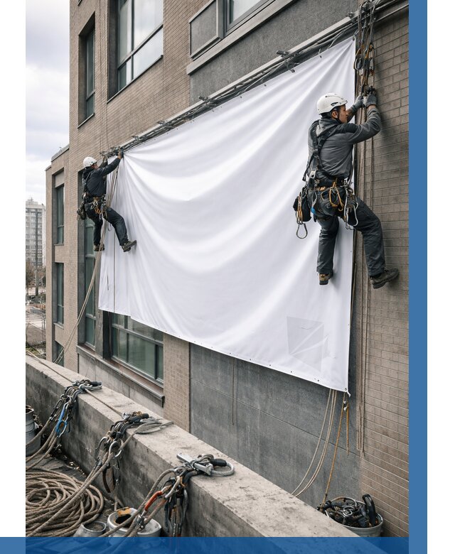 Монтаж баннеров на фасаде в Юбилейном от 670 р. заказать ВЫСОТНИК-Юбл