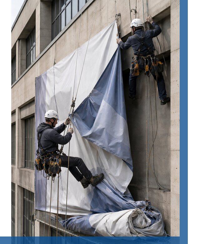 Демонтаж баннеров с фасада в Юбилейном от 4636 р. | ВЫСОТНИК-Юбл