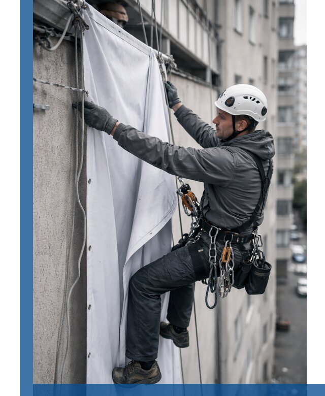 Замена баннерного полотна промышленными альпинистами в Юбилейном