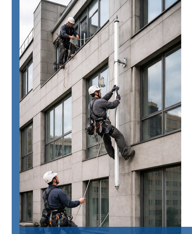 Монтаж флагштока на фасаде здания с креплением и герметикой в Юбилейном