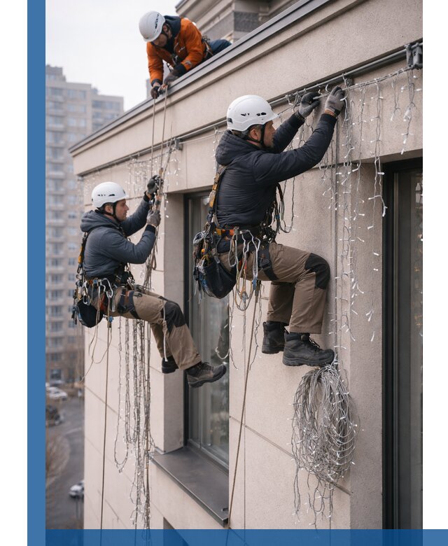 Монтаж праздничных гирлянд на фасаде в Юбилейном для зданий