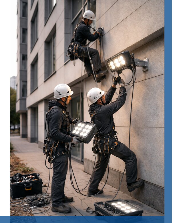Монтаж прожекторов на фасаде в Юбилейном от 7727 р. | ВЫСОТНИК-Юбл