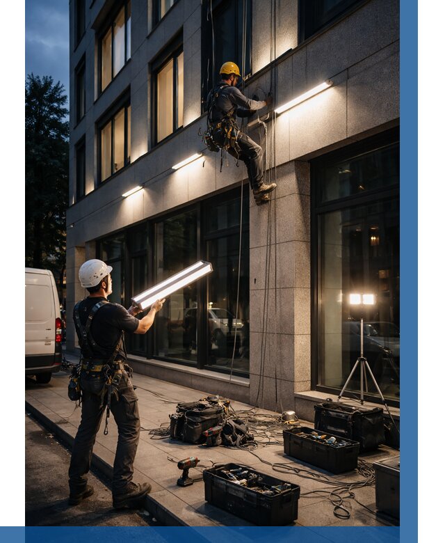 Монтаж архитектурной подсветки здания в Юбилейном от 2576 р.|ВЫСОТНИК-Юбл