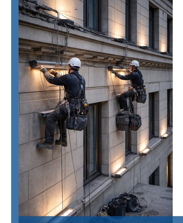 Монтаж архитектурной подсветки фасадов зданий в Юбилейном