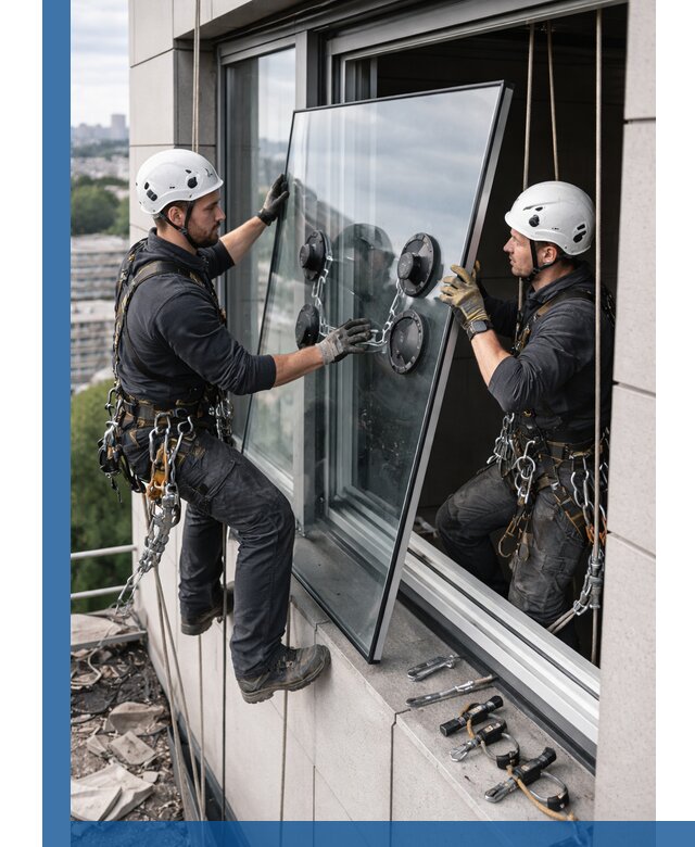 Замена стеклопакетов на высоте с промышленными альпинистами в Юбилейном