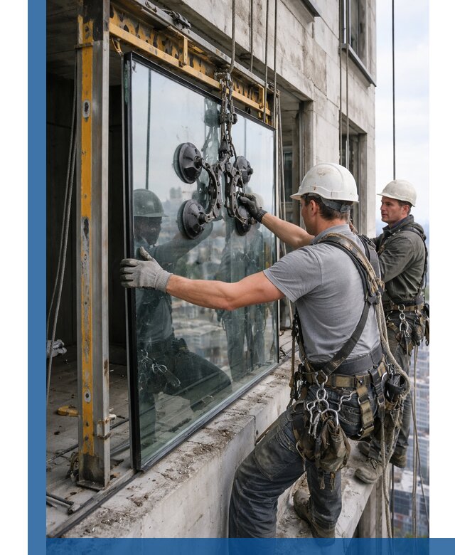 Монтаж стеклопакетов на высоте в Юбилейном с промышленным альпинизмом