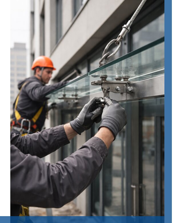 Монтаж стеклянных козырьков в Юбилейном от 8758 р. | ВЫСОТНИК-Юбл