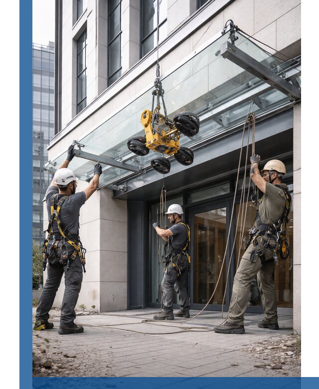 Монтаж стеклянных козырьков под ключ в Юбилейном для зданий