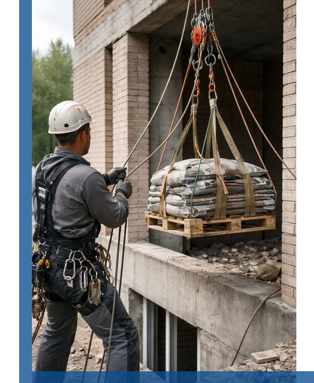Подъем материалов на этаж веревками в Юбилейном оперативно