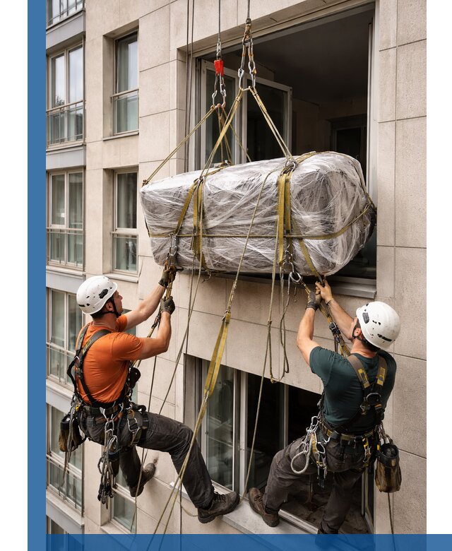 Подъем грузов через окно в Юбилейном промышленными альпинистами
