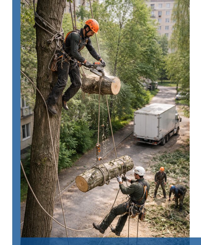 Спил деревьев альпинистами в Юбилейном, безопасно и без повреждений