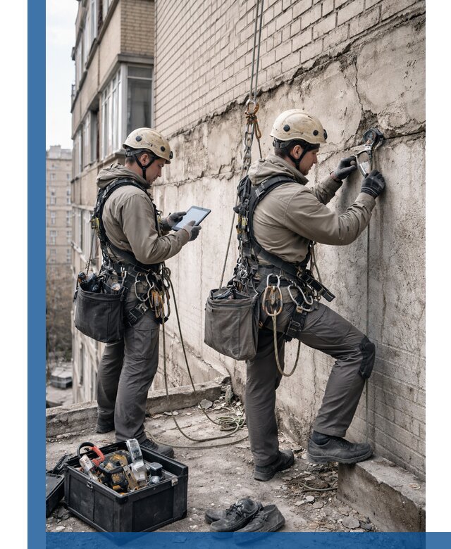 Обследование фасада промышленными альпинистами в Юбилейном